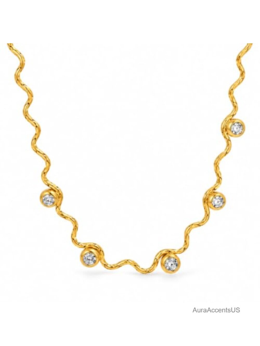 Dainty Wavy Crystal Station Necklace Gold Tone Adjustable Chain